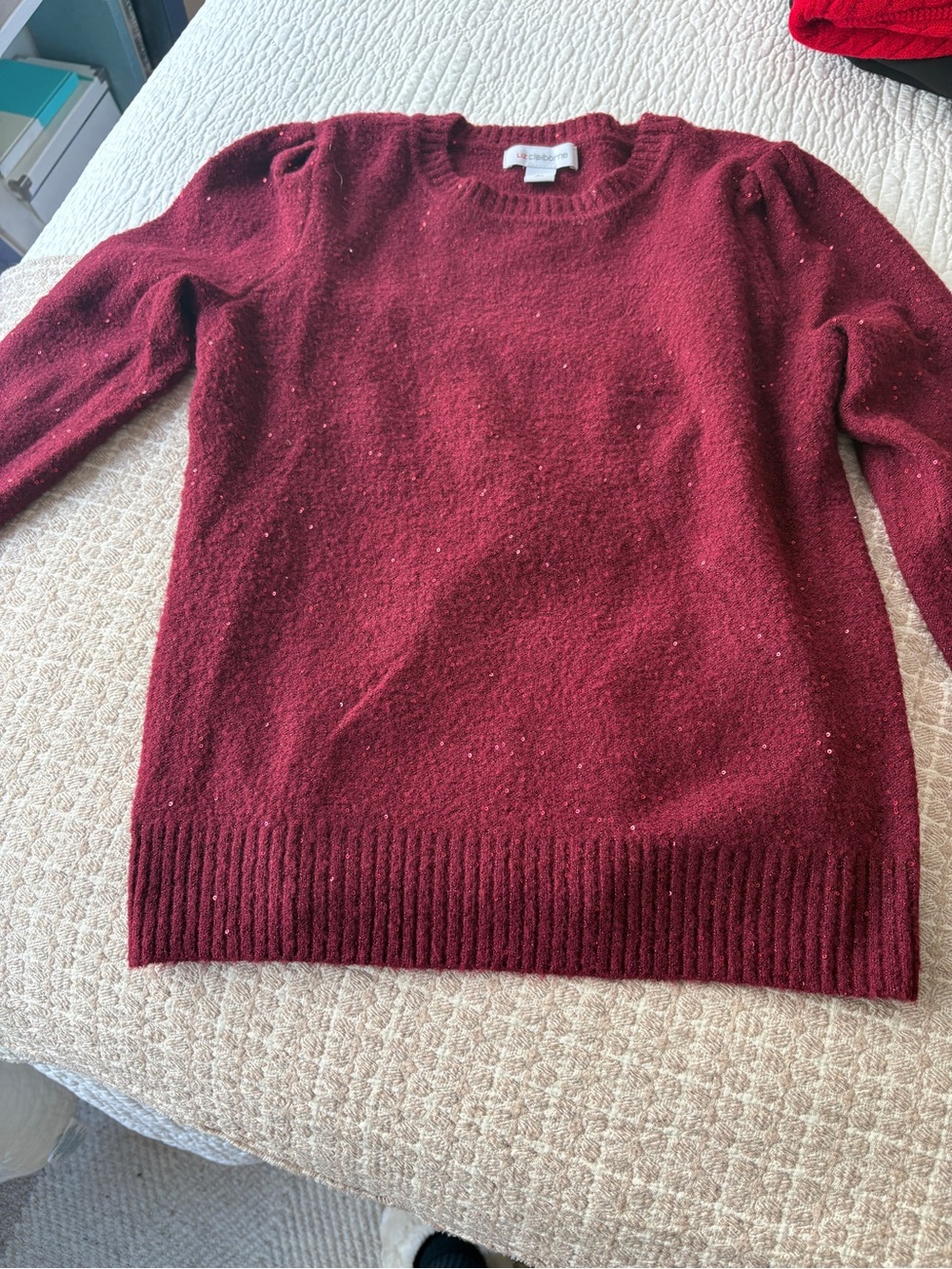 Liz Claiborne Burgundy Crewneck Sweater with Puff Shoulders